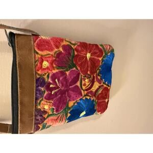 Colorful Floral Embroidered Crossbody Bag with Suede Accents